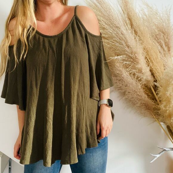 AUDREY 3 +1 Olive Green Cold Shoulder Tank Blouse Top Boho Bell Peasant Shirt S - Picture 2 of 6